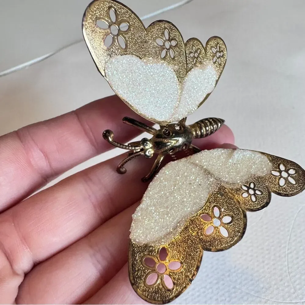 Vintage Gold Tone White Glitter Butterfly Brooch W/ Springs Moving Wings Estate